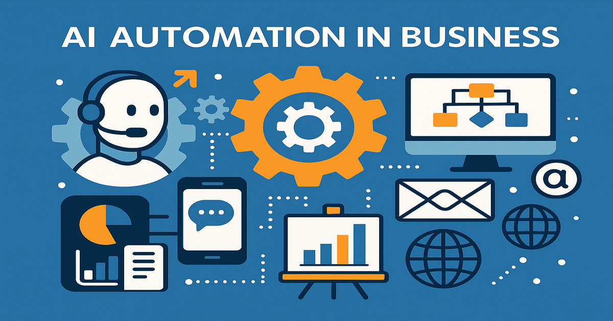 AI automation in business with icons of chatbots, gears, charts, and communication tools.
