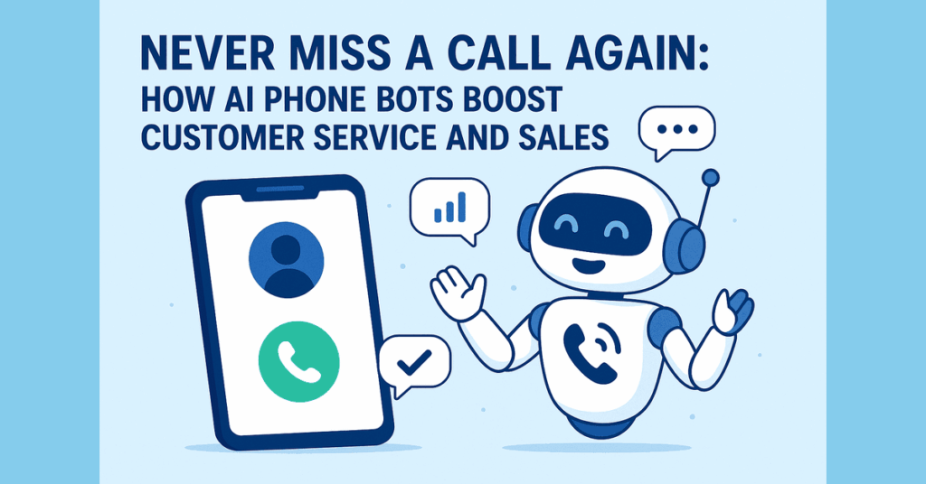 AI phone bot smiling next to a smartphone, promoting 24/7 customer service and sales support.