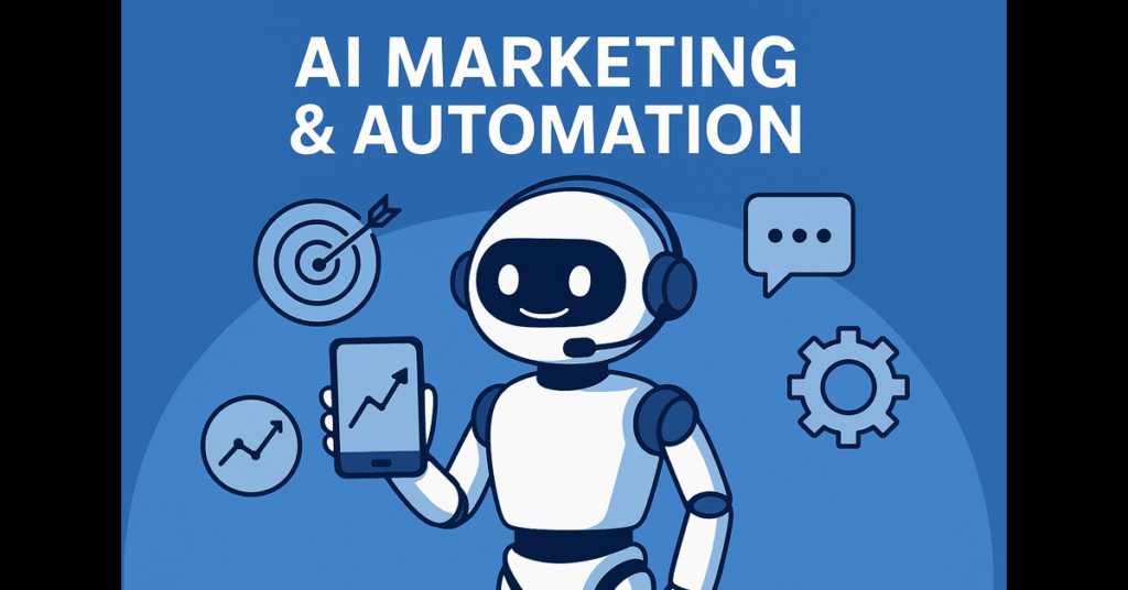 Robot with headset holding phone surrounded by marketing icons. Text: 'AI MARKETING & AUTOMATION' on blue background.