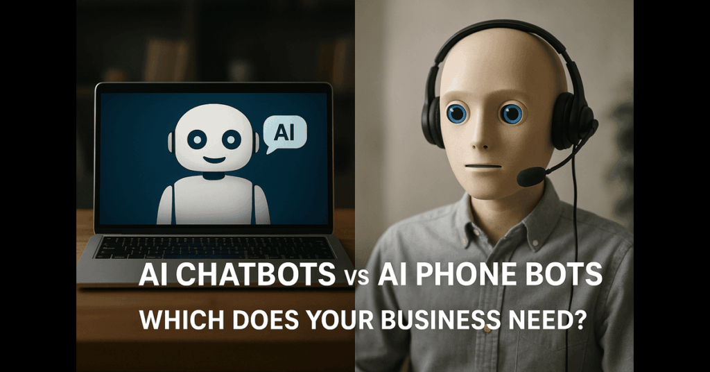 Laptop showing chatbot interface next to person with headset. Text overlay: 'AI CHATBOTS vs AI PHONE BOTS - WHICH DOES YOUR BUSINESS NEED?