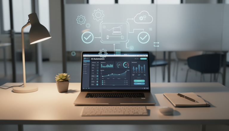 A laptop displaying an AI automation dashboard on a clean desk with glowing digital workflow icons floating above the screen.