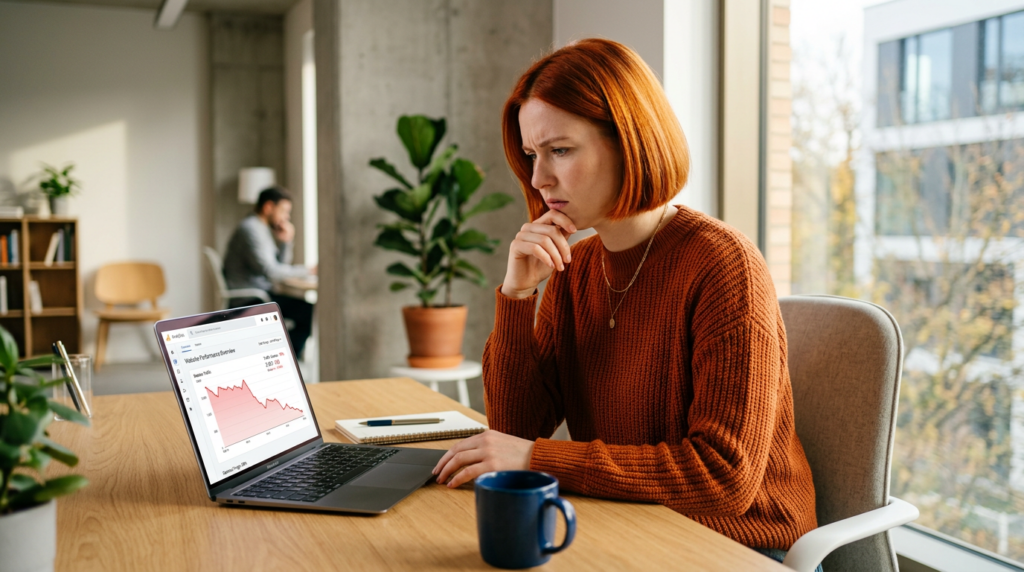 Business owner reviewing a sharp decline in website traffic on a laptop analytics dashboard after the Google March 2026 core update