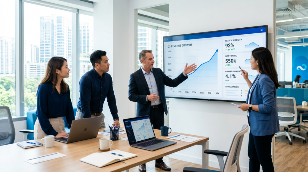 Business team in a modern office reviewing search visibility, web traffic, and SEO ranking growth metrics on a large presentation screen