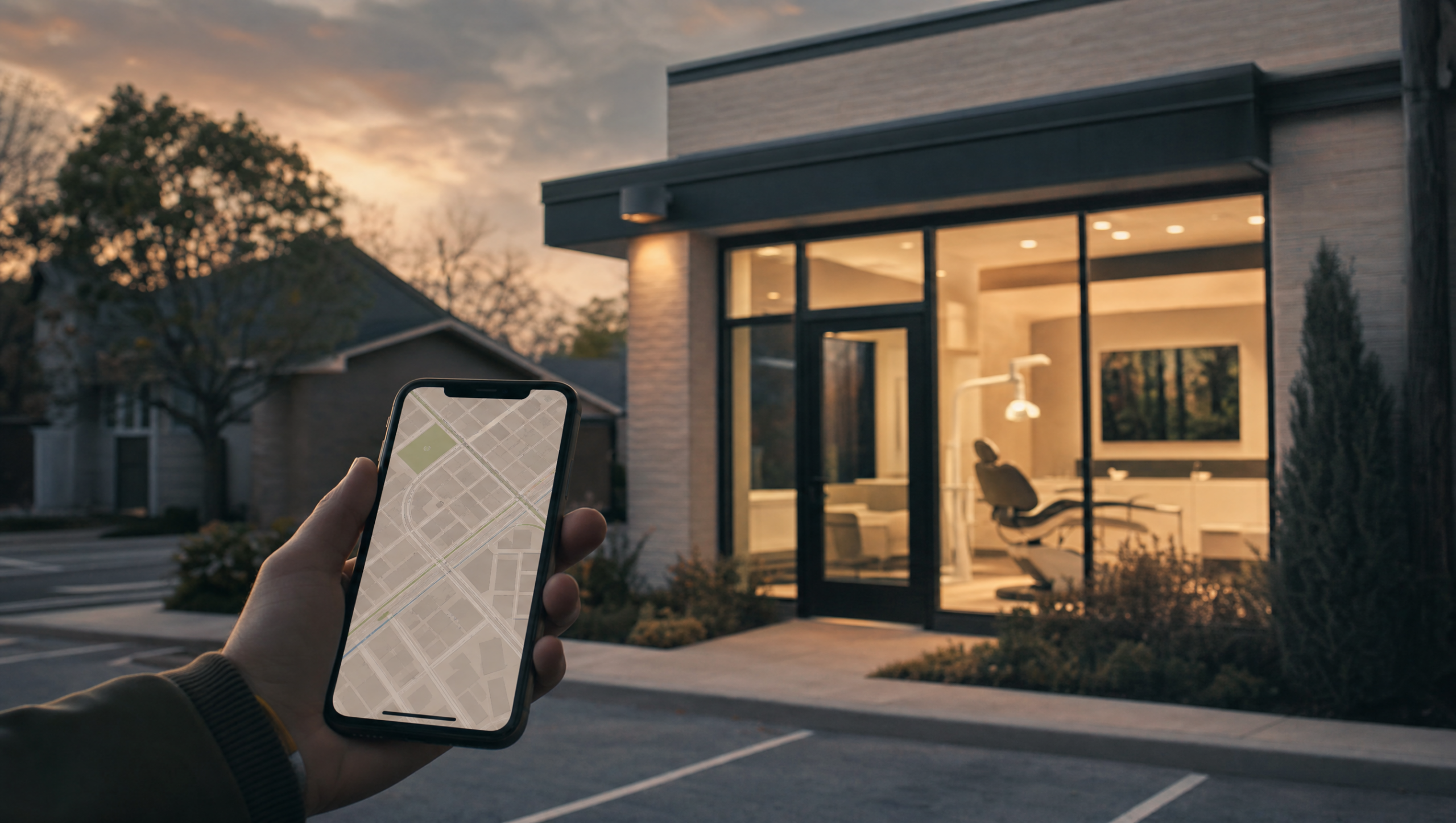 Modern dental clinic exterior at dusk with a hand in the foreground holding a smartphone displaying a Google Maps view of the surrounding Atlanta neighborhood